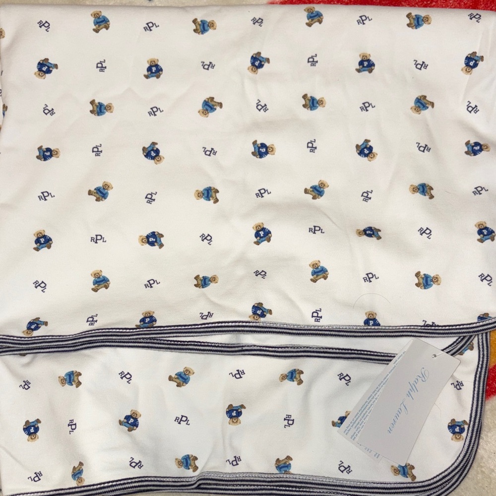 Ralph Lauren White and Blue Bear Print Baby Blanket